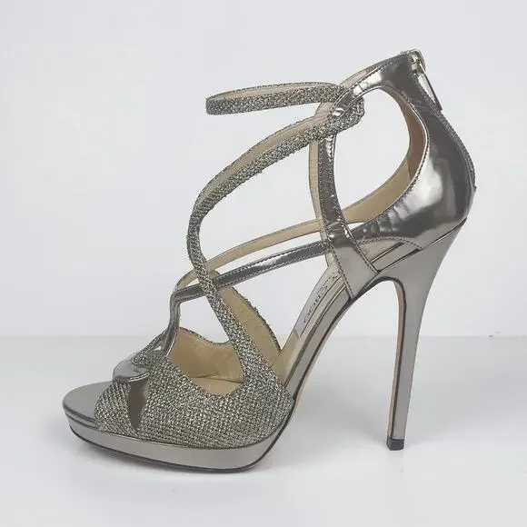 Jimmy Choo Metallic Sparkle & Leather Vermeil Caged Strappy Heel Sandals - Picture 3 of 10